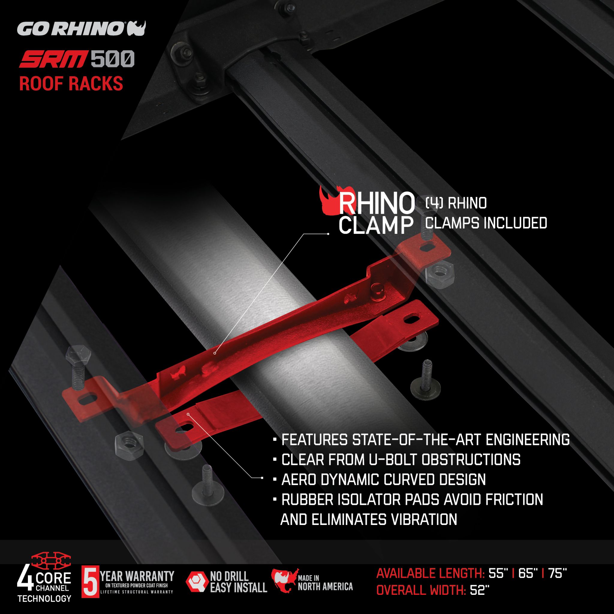 Go Rhino 5935062T - SRM500 - Side & Rear Rail Kit for 65" Long Rack - Textured Black