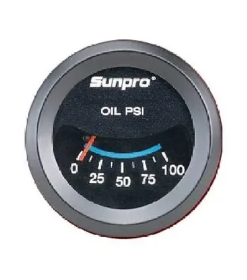 Sunpro 2" Oil Pressure Gauge Black / Black Bezel 0-100 PSI New CP7982 Warranty